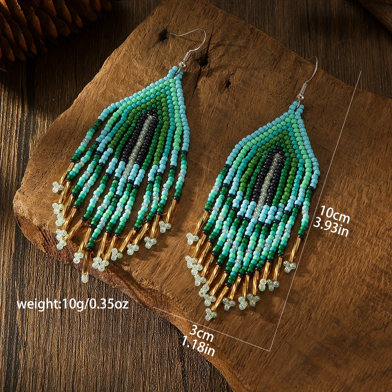 Women's Bohemian Drop Earrings, Teal Green & Golden Accent Beaded